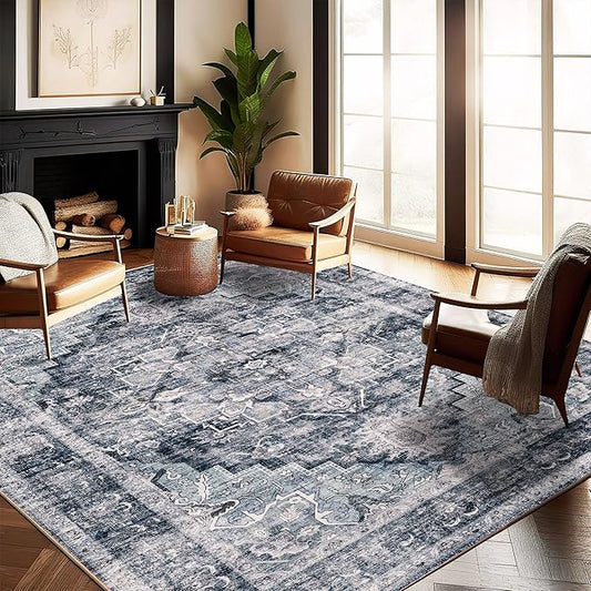 Washable Area Rug 8'x10' Dark Blue Retro Boho Design Non-Shedding Non-Slip Easy Care Ideal for High Traffic Areas in Living Room Bedroom Office Coffee Table Kitchen Large Carpet