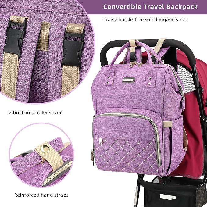 Diaper Bag Backpack, Diaper Bags for Baby Girls Boys, Baby Bags for Moms Dads, Nappy Changing Bag with Insulated Pockets,Multi-functional Waterproof Backpack with Stroller straps-Purple