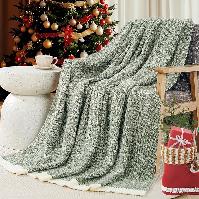 NEXHOME PRO Twin Size Super Soft Throw Blankets for Couch, Cozy Blankets Reversible Warm Knit Blanket for Women, Fuzzy Plush Lightweight Throws for Sofa, Bed, Picnic, Sage Green White, 60 x 80 inches