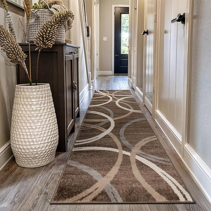 Rugshop Modern Wavy Circles Design Runner Rug 2'7" x 10' Brown