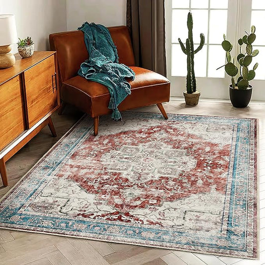3'x5' Vintage Red Blue Washable Thin Area Rug Traditional Floor Cover Foldable Indoor Distressed Non Slip Carpet Floral Print Mat Bedroom Living Room Bathroom
