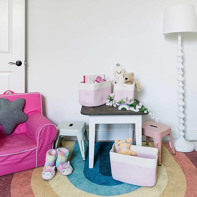 OrganiHaus Set of 3 Pink Woven Baskets for Organizing, Cotton Rope Basket for Decor, Shoe Basket Organizers & Storage, Decorative Storage Baskets & Bins, Cute Storage Basket for Toys & Cloths