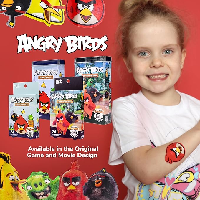 BioSwiss Bandages, Angry Birds Game Shaped Self Adhesive Bandage, Latex Free Sterile Wound Care, Standard Shape for Kids and Adults, 50 Count