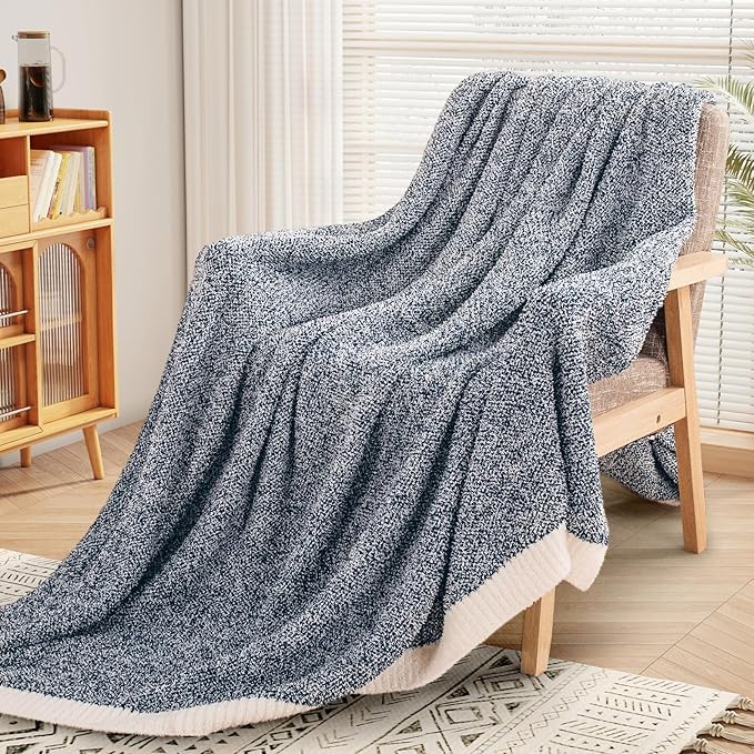 NEXHOME PRO Twin Size Soft Throw Blankets for Couch, Cozy Blankets Reversible Warm Knit Blanket for Women, Fuzzy Plush Lightweight Throws for Sofa, Bed, Picnic, Navy 60 x 80 inches
