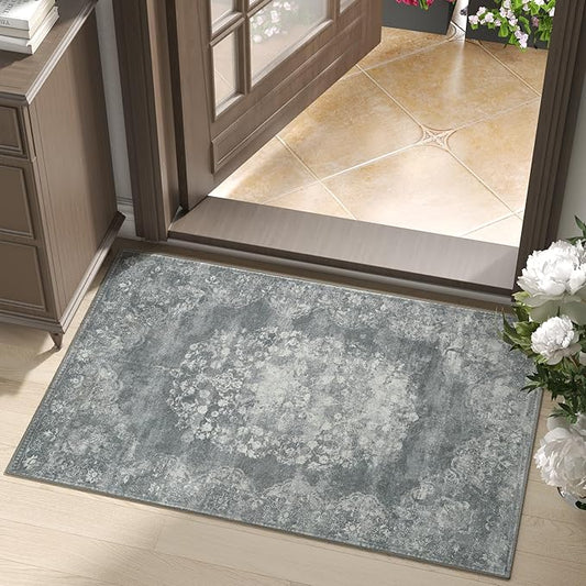 jinchan Floral 2x3 Rug for Entryway - Vintage Washable Area Rug Ultra-Thin Low Pile Soft Small Non-Slip Distressed Indoor Doormat Accent for Entrance Kitchen Bedroom Bathroom (2x3ft,Grey)
