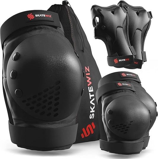 SKATEWIZ Skateboard Pads Protective Gear Set for Kids - Smash - Roller Skate Pads [6pc] - Elbow Pads Roller Derby and Knee Pads Kids Skating with Wrist Guards for Kids and Adults