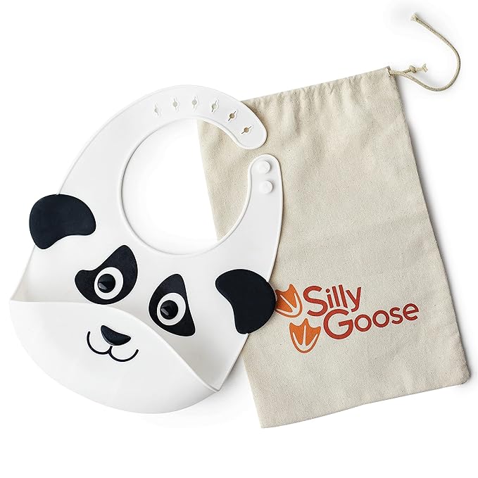 Silly Goose Silicone Animal Baby Bibs for Babies and Toddlers, Waterproof, Adjustable, Soft, Extra Wide Food Catcher Pocket (Baby Panda)