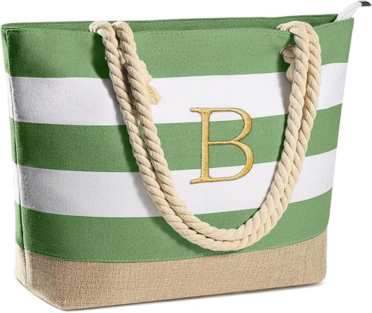 YOOLIFE Initial Canvas Waterproof Beach Tote Bag Zipper Personalized Gifts for Women Her Birthday Travel Beach Essential