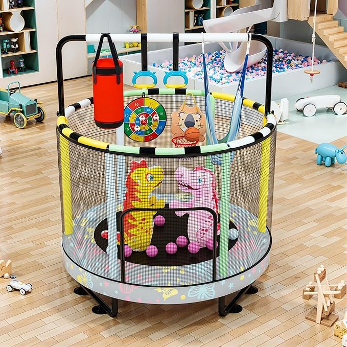 LAMERGE 55" 7-in-1 Round Trampoline for Kids Boys & Girls Ages 1-8, Indoor & Outdoor Trampoline for Fun, Adjustable Height Handrail ＆ Enclosed Safety Net ＆ Durable Designs for Toddlers Children
