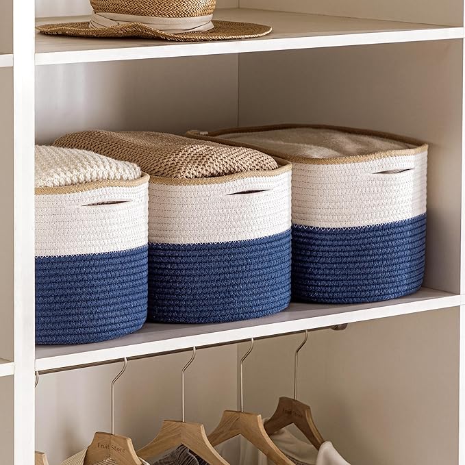UBBCARE 4 Pack Baskets for Organizing, Woven Storage Baskets for Toys and Towel, Rectangle Cotton Rope Basket with Handles, 15''L x10''W x9''H, Navy Blue
