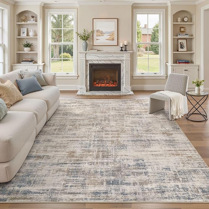 Area Rug for Living Room: 10x14 Washable Neutral Abstract Modern Soft Rugs Non Slip Indoor Floor Stain Resistant Large Carpet for Bedroom Dining Room Office Nursery - Brown