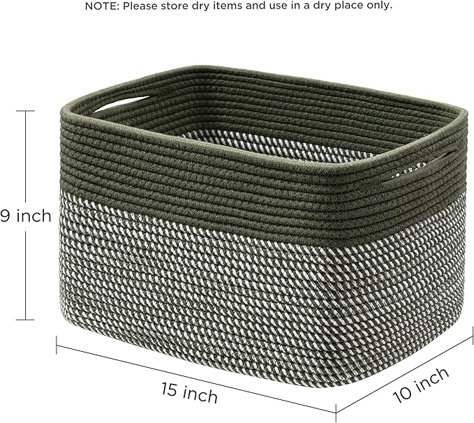 UBBCARE 4 Pack Baskets for Organizing, Woven Storage Baskets for Toys and Towel, Rectangle Cotton Rope Basket with Handles, 15''L x10''W x9''H, Mixed Green