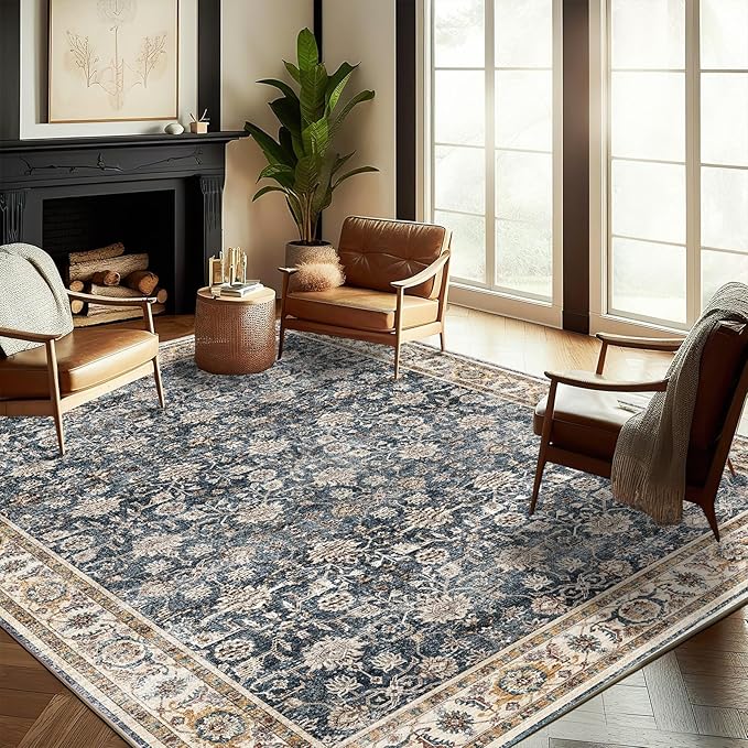Washable Area Rug 8'x10' Retro Boho Design Non-Shedding Non-Slip Easy Care Ideal for High Traffic Areas in Living Room Bedroom Office Coffee Table Kitchen Large Carpet
