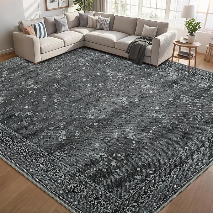 Large 8x10 Washable Area Rug for Living Room, No Shedding Vintage Floral Rugs Non Slip, Indoor Thin Retro Accent Carpet for High Traffic Areas Bedroom Farmhouse Dining Room Black/Gray