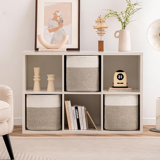 joybest Cube Storage Bins Set of 4, 11inch Cube Baskets Organizer for Nursery, Square Cotton Rope Baskets for Shelves Organizing, Kids Toy, Closet Storage, Brown and Cream White