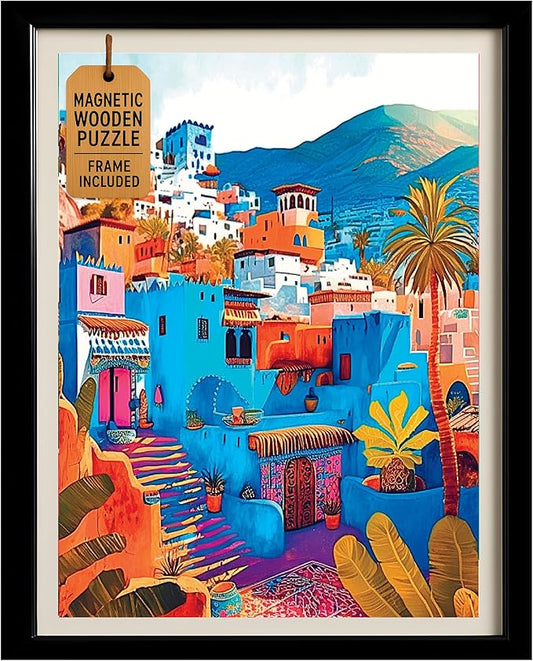 Magnetic Wooden Puzzles with Frame for Adults - Framed Wooden Jigsaw Puzzle - Rompe Cabezas para Adultos - Landscape Wall Art Decor - Original Christmas & Birthday Gift (Chefchaouen)
