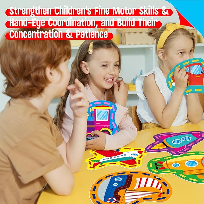 9 Pieces Kids Lacing Cards, Double Sided Vehicle Sewing Cards with 9 Colorful Laces, Imagination Development Lacing Toys Games for Children Educational and Learning Activity