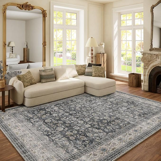 Machine Washable Rugs for Living Room: 6x9 Bedroom Rug Vintage Boho Area Rug Stain Resistant Non Slip Low Pile Lightweight Soft Carpets for Living Room Dining Room Kitchen Nursery Kids Room Farmhouse