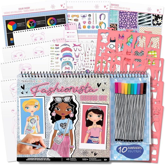 Fashion Angels Fashionista Sketch Set, Includes Sketch Pad with Stencils & Stickers, Fashion Design Sketch Book for Girls, Ideal Drawing Kit for Kids