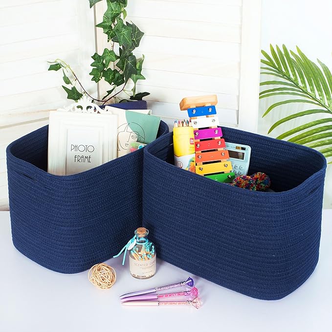 MINTWOOD Design 3-Pack Decorative Woven Storage Baskets for Shelves, Cube Bin Box for Organizing Books, Shoes, Dog Toys, Pantry Closet and Living Room Organizer, Navy Blue