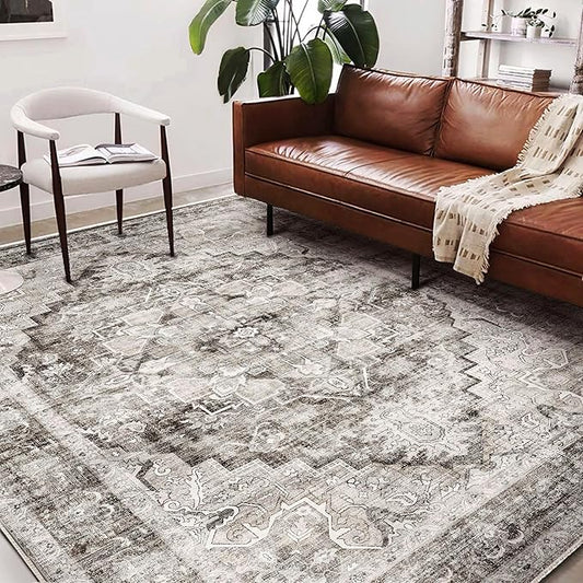 Washable Area Rug 8'x10' Deep Khaki Retro Boho Design Non-Shedding Non-Slip Easy Care Ideal for High Traffic Areas in Living Room Bedroom Office Coffee Table Kitchen Large Carpet