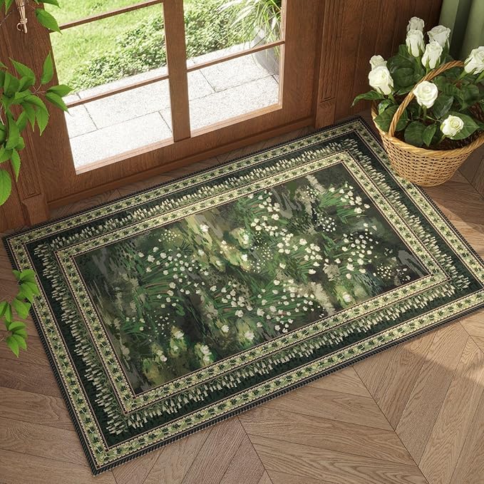 2x3 Rug Impressionist-Style Vintage Indoor Door Mat Machine Washable Small Area Rug Non-Slip Low Pile Throw Rugs for Entryway Kitchen Front Door Indoor Entrance Entry Kids Room, Green