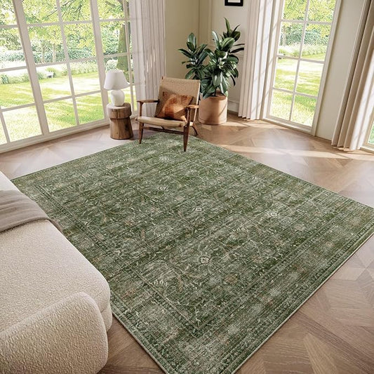 Washable 6x9 Area Rugs for Living Room, BoHo Non-slip Silicone Backing Large Rug for Bedroom Dining Room Nursery Office, 0.3" Neutral Oriental Throw Carpet with 0.16" Cushioning Pad, Grass Green/Multi