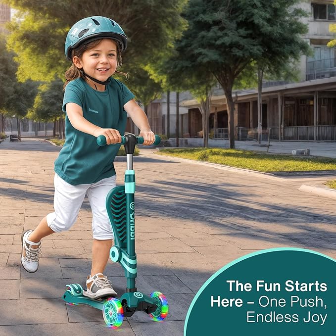 Aqua 3 Wheel Scooter with Seat for Kids – Light-Up LED Wheels, Adjustable Handlebar and Seat, Smooth PU Wheels, Wide Anti-Slip Deck, Rear Foot Brake – Toddler Outdoor Toys for Ages 2+