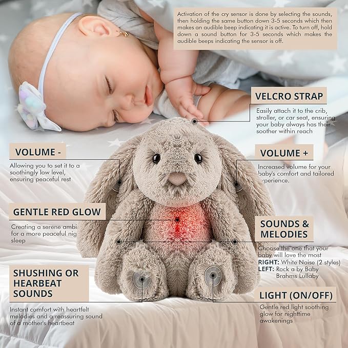 Gemma Joy Bedtime Baby Soothers for Sleep, Cry Activated Heartbeat Stuffed Animal for Baby, Newborn, Calming Light, Lullaby Music, White Noise, Shush and Mother’s Heartbeat - (Bunny, Rechargeable)