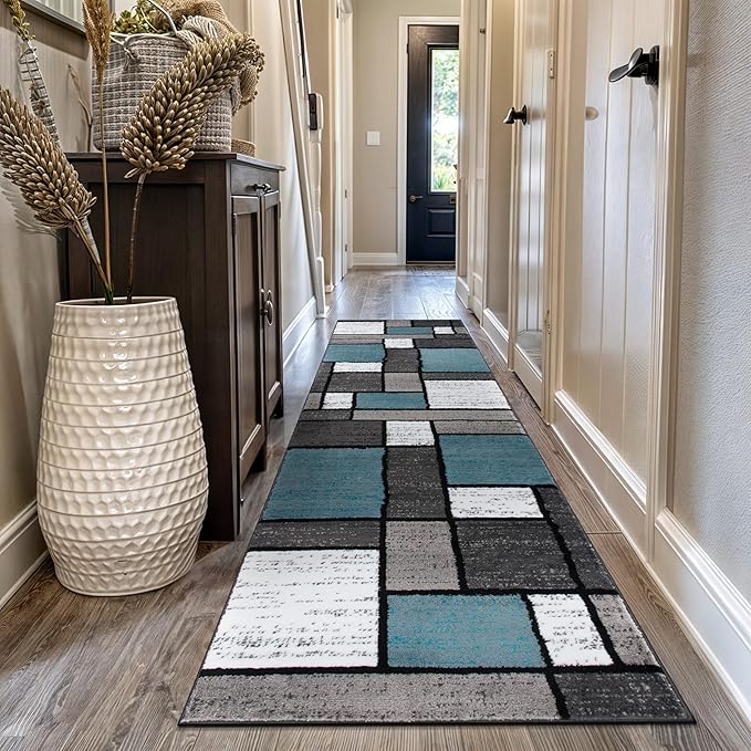 Rugshop Contemporary Modern Boxes for Home Office,Living Room,Bedroom,Kitchen Non Shedding Runner Rug 2'7" x 12' Blue