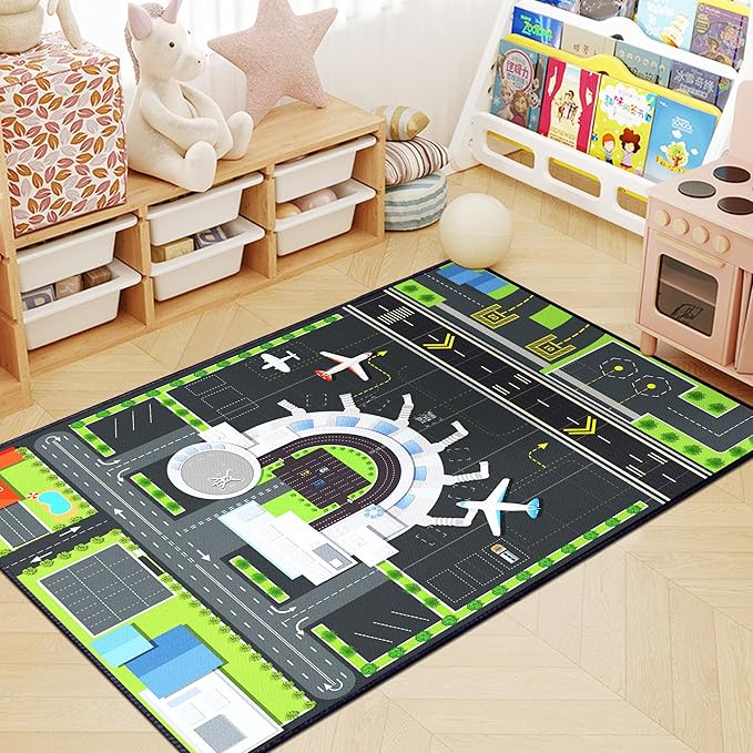 Play Rug for Playroom 59"x39" Airport Carpet for Kids Bedroom with Combined City Road Traffic System Aircraft Runway Playmat Rugs Carpet Non-Slip Washable Area Mat