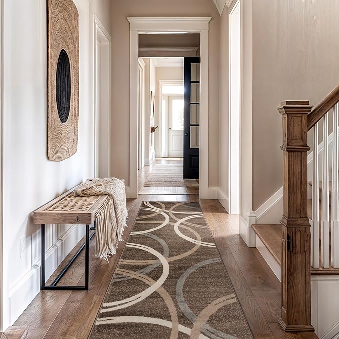 Rugshop Modern Wavy Circles Design Runner Rug 2'7" x 12' Brown