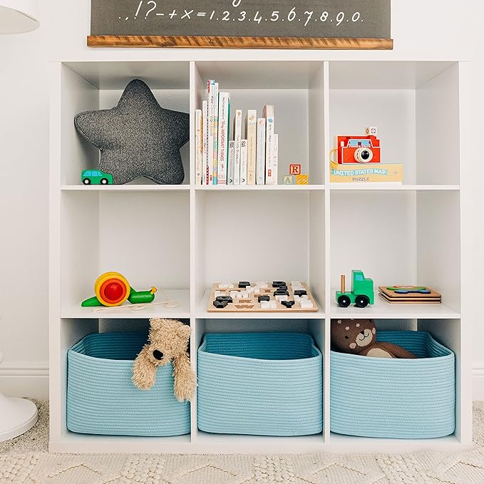 OrganiHaus Blue Basket for Shelves, Decorative Cloth for Organizing, Cotton Rope Storage Basket for Toys, Small Woven Baskets for Storage