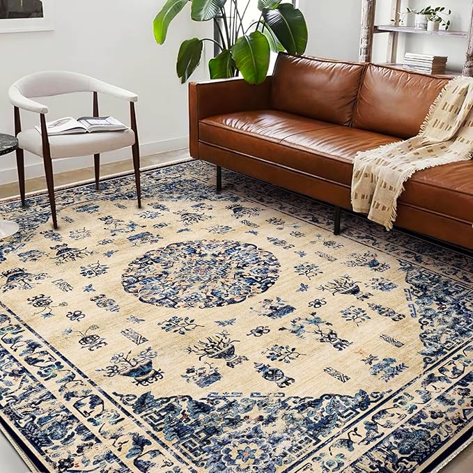 Washable Area Rug 4'x6' Traditional Floor Cover Foldable Thin Rugs Retro Kitchen Indoor Distressed Non Slip Carpet Floral Print Mat Bedroom Living Room
