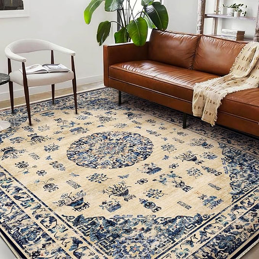Washable Area Rug 9'x12' Retro Boho Design Non-Shedding Easy Care Ideal for High Traffic Areas in Living Room Bedroom Office Coffee Table Kitchen Large Carpet
