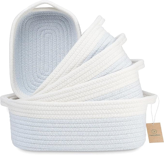 NaturalCozy 5-Piece Rectangle Storage Basket Set- Natural Cotton Rope Woven Baskets for Organizing! Small Basket for Montessori, Baby Nursery, Dog Toy Baskets, Cat Toy Box, Bathroom Organization Bin