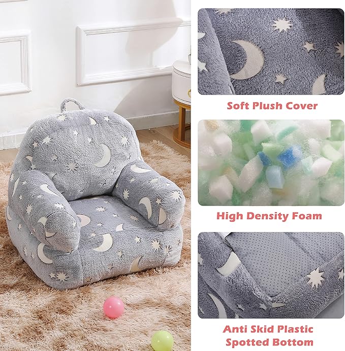 Toddler Chair, Glow in The Dark Kids Sofa Bean Bag Chair for Kids Children Couch Toddler Mini Sofa Armrest for Children, Lightweight Children Sofa(Moon Grey)