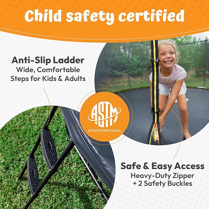 JUMPZYLLA Trampoline Outdoor 8FT 10FT 12FT 14FT 15FT 16FT with Enclosure and Ladder, ASTM Approved Recreational Trampoline for Kids and Adults, Anti-Rust Coated Frame
