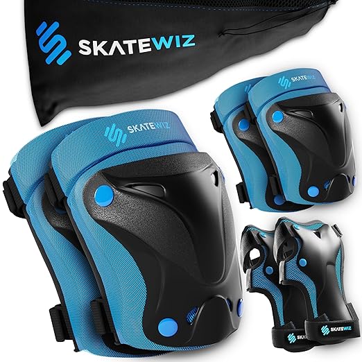 SKATEWIZ Knee Pads for Kids - Knee and Elbow Pads Set - PROTECT-1 - Size S Blue - Wrist Guards for Skating, Skateboard, BMX and Scooter 8-12