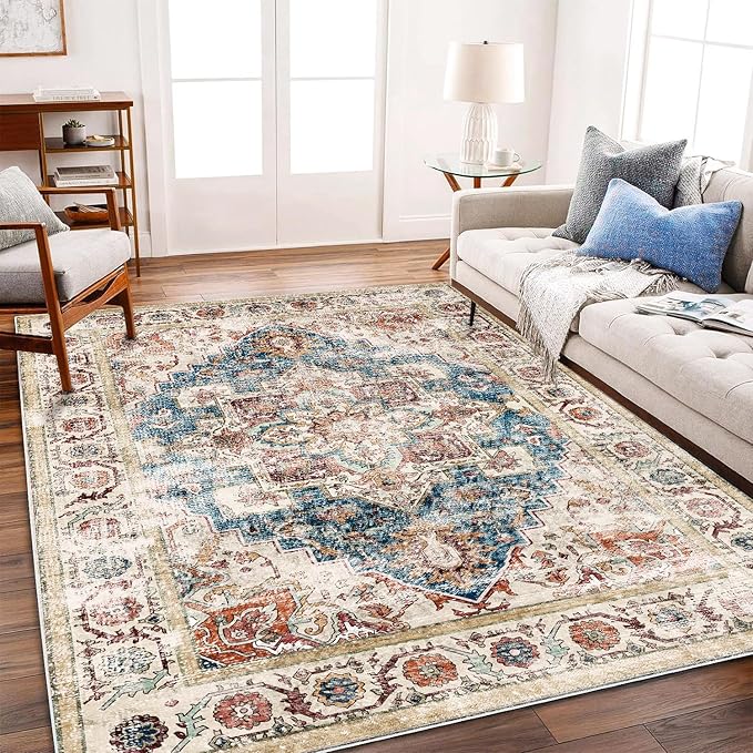 Washable Vintage Area Rug 6'x9' Boho Beige Blue Chic Medallion Distressed Design Non-Shedding Easy Care Ideal for High Traffic Areas in Living Room Bedroom Kitchen Office Large Carpet