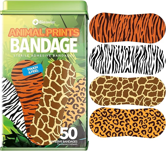 BioSwiss Bandages, Animal Print Shaped Self Adhesive Bandage, Latex Free Sterile Wound Care, 50 Count