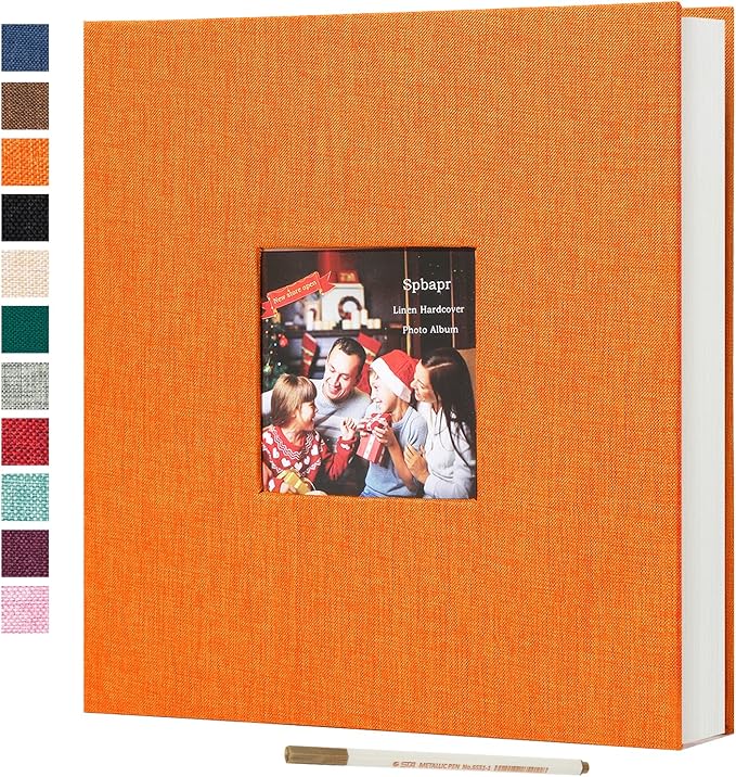 Spbapr Large Photo Album Self Adhesive 3x5 4x6 5x7 8x10 Pictures Magnetic Scrapbook 40 Blank Pages Linen Cover DIY Album with A Metal Pen Orange