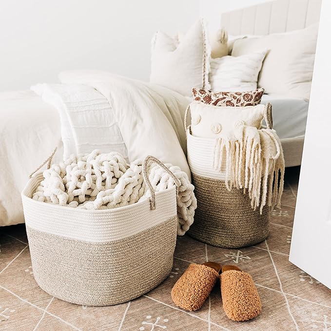 OrganiHaus Woven Laundry Basket, Large Cotton Rope Blanket Holder with Handles, Soft & Sturdy Nursery Hamper, Decorative Toy Bin for Living Room Organization 20x13 inches - Brown/Off-White