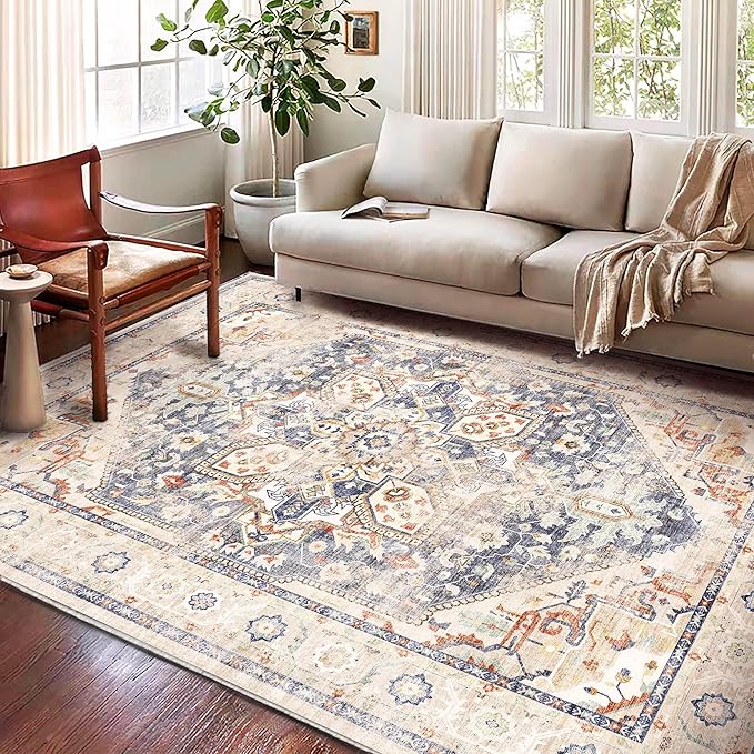Area Rug 6'x9' Blue Khaki Washable Vintage Traditional Floor Cover Thin Retro Kitchen Indoor Distressed Non Slip Carpet Floral for Living Room Bedroom Dining Room