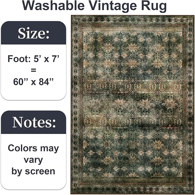 5x7 Washable Area Rug for Living Room Rustic, Non Slip Vintage Floral Bedroom Rugs Retro, Traditional Indoor Floor Carpet for Dining Room, Farmhouse, Office Classroom(Dark Green/Brown/Multi)