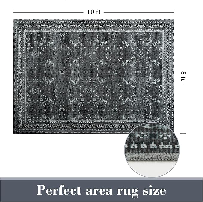 Large 8x10 Washable Area Rug for Living Room, No Shedding Vintage Floral Rugs Non Slip, Indoor Thin Retro Accent Carpet for High Traffic Areas Bedroom Farmhouse Dining Room Black/Gray