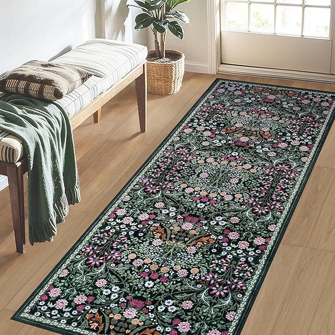 Runner Rug for Entryway: 2.6x8 Kitchen Rugs Non Slip Washable Ultra-Thin Soft Floral Carpet Indoor Floor Stain Resistant Carpets for Hallway Bedroom Kitchen Laundry Bathroom Dorm Dark Green