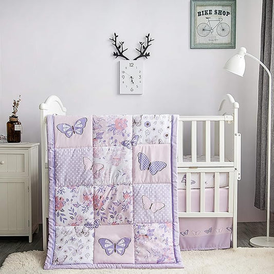 La Premura 3-Piece Purple Butterfly Baby Crib Bedding Set for Girls, Lilac Standard Size Crib Set for Baby Girl, Comforter, Fitted Sheet, and Dust Ruffle Skirt, Baby Nursery Floral Design for Girls