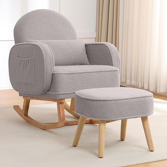 Nursery Rocking Chair with Ottoman, Upholstered Glider Rocker with High Backrest and Side Pocket, Rocking Accent Armchair with Solid Wood Legs for Nursery, Living Room, Bedroom Light Grey