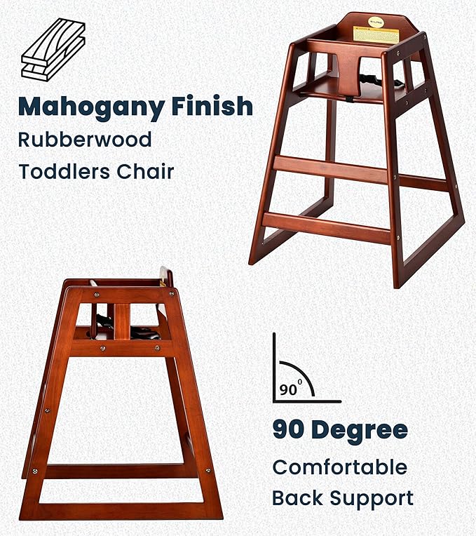 Alpine Wooden High Chairs for Babies and Toddlers with Safety Strap, Commercial Grade Restaurant High Chair, Durable Wood Space Saver Baby Feeding Chair, Ideal for Dining Spaces (2 Pack, Mahogany)
